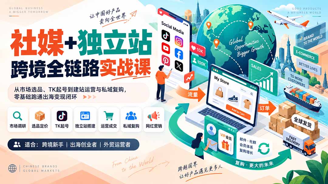 社媒+独立站跨境全链路实战课：从市场选品、TK起号到建站运营与私域复购，零基础跑通出海变现闭环-只做优质可落地项目