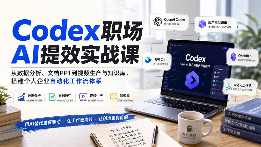 【精】Codex职场AI提效实战课:从数据分析、文档PPT到视频生产与知识库,搭建个人企业自动化工作流体系-只做优质可落地项目