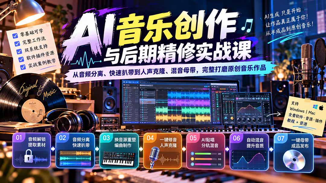 AI音乐创作与后期精修实战课：从音频分离、快速扒带到人声克隆、混音母带，完整打磨原创音乐作品-只做优质可落地项目