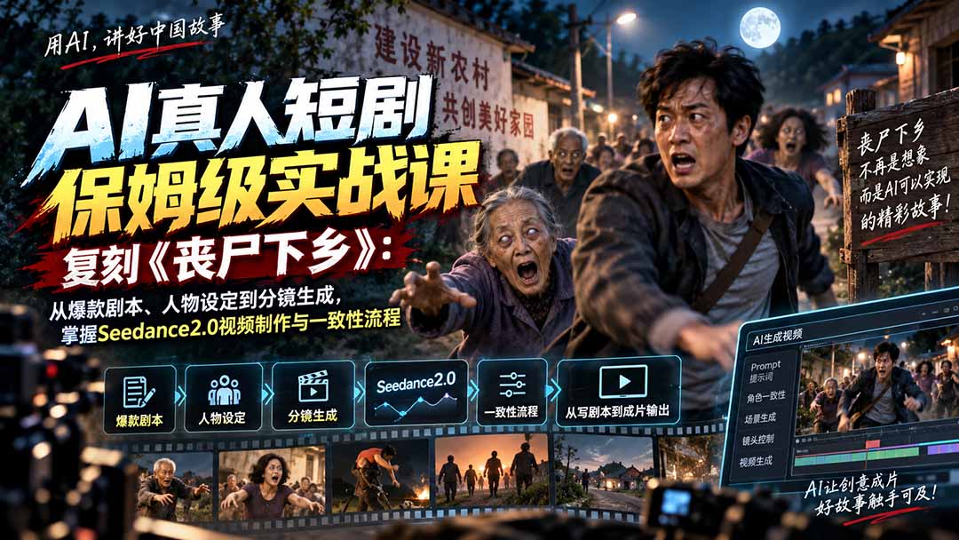 AI真人短剧保姆级实战课，复刻《丧尸下乡》：从爆款剧本、人物设定到分镜生成，掌握Seedance2.0视频制作与一致性流程-只做优质可落地项目