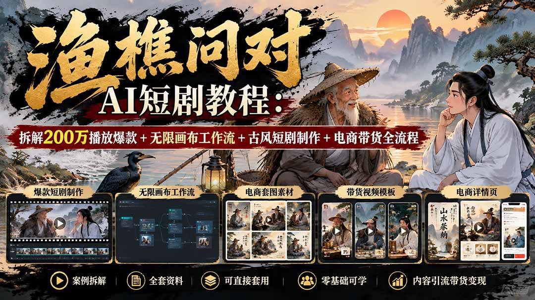 （20772期）【无水印】渔樵问对AI短剧教程：拆解200万播放爆款+无限画布工作流+古风短剧制作+电商带货全流程-只做优质可落地项目