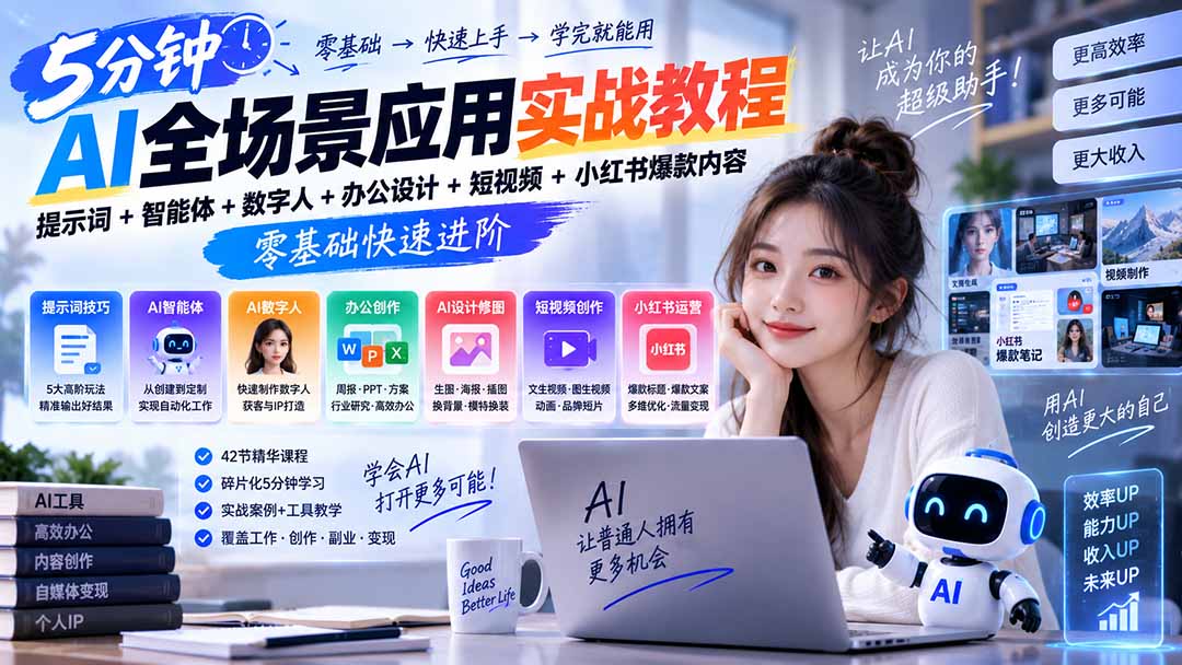 AI全场景应用实战教程｜提示词+智能体+数字人+办公设计+短视频+小红书爆款内容，零基础快速进阶-只做优质可落地项目