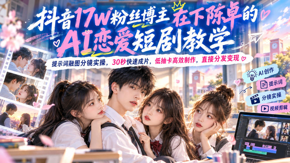 【精】抖音17W粉丝博主在下陈卓的AI恋爱短剧教学，提示词融图分镜实操，30秒快速成片，低抽卡高效制作，直接分发变现-只做优质可落地项目