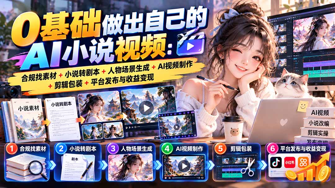 0基础做出自己的AI小说视频:合规找素材+小说转剧本+人物场景生成+AI视频制作+剪辑包装+平台发布与收益变现-只做优质可落地项目
