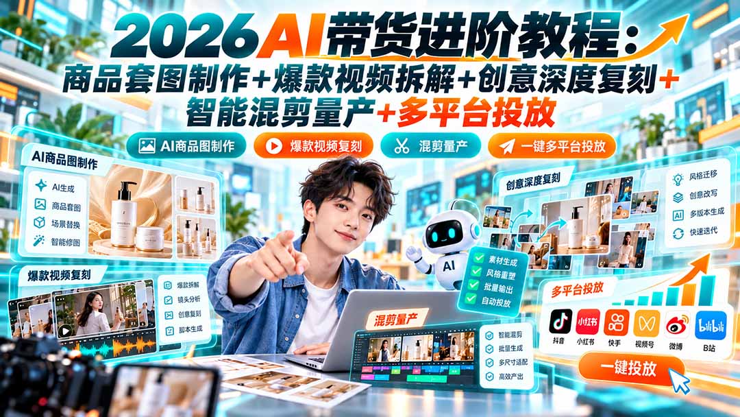 2026AI带货进阶教程：商品套图制作+爆款视频拆解+创意深度复刻+智能混剪量产+多平台投放-只做优质可落地项目