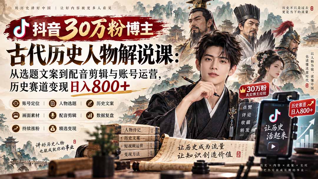 抖音30万粉博主古代历史人物解说课：从选题文案到配音剪辑与账号运营，历史赛道变现日入800+-只做优质可落地项目