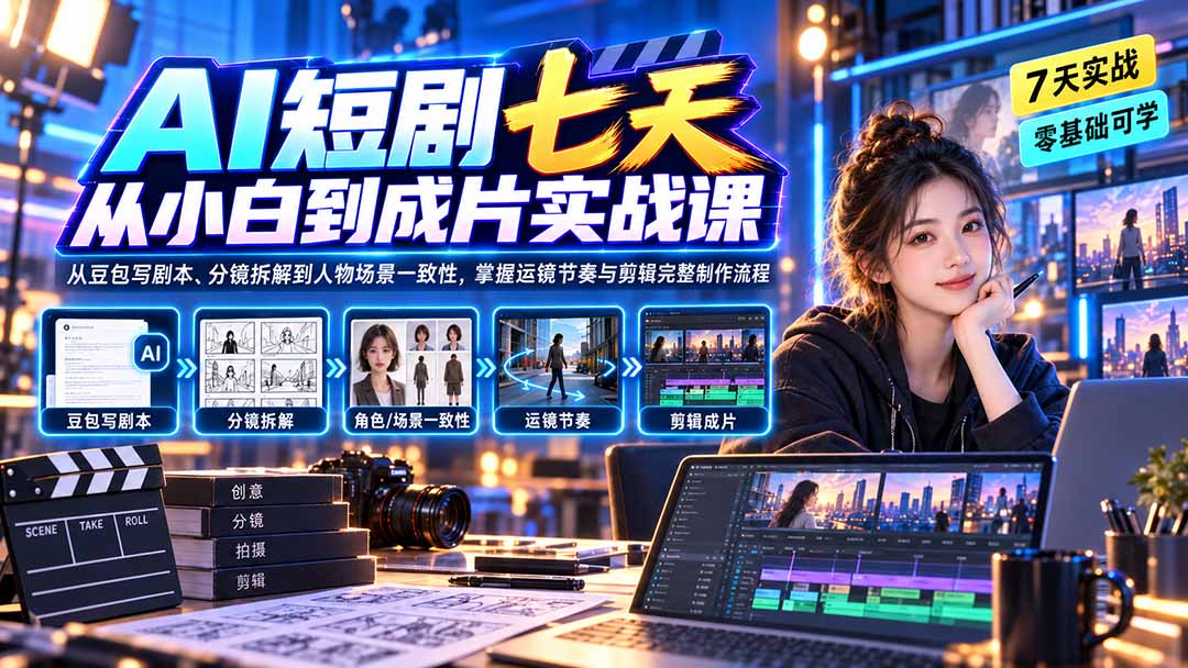 AI短剧七天从小白到成片实战课：从豆包写剧本、分镜拆解到人物场景一致性，掌握运镜节奏与剪辑完整制作流程-只做优质可落地项目