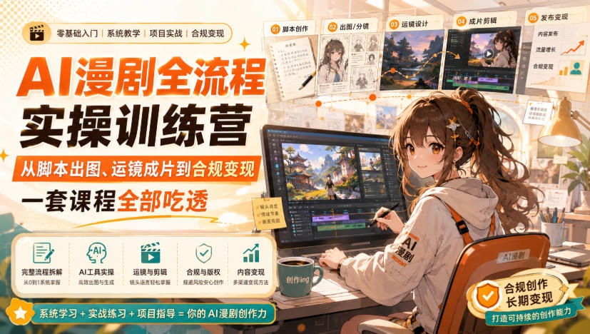 【精】青云AI漫剧实操课,AI漫剧全流程实操训练营,从脚本出图、运镜成片到合规变现,一套课程全部吃透-只做优质可落地项目