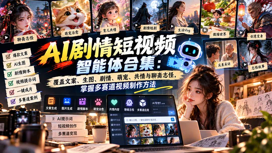 【无水印】AI剧情短视频智能体合集：覆盖文案、生图、剧情、萌宠、共情与聊斋志怪，掌握多赛道视频制作方法-只做优质可落地项目