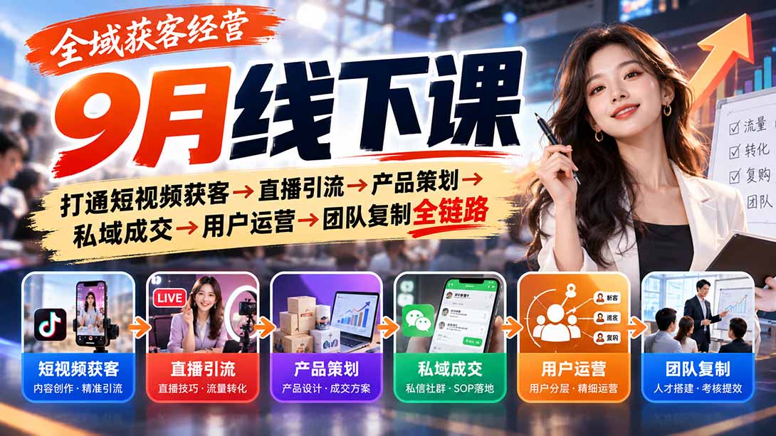 全域获客经营9月线下课:打通短视频获客→直播引流→产品策划→私域成交→用户运营→团队复制全链路-只做优质可落地项目