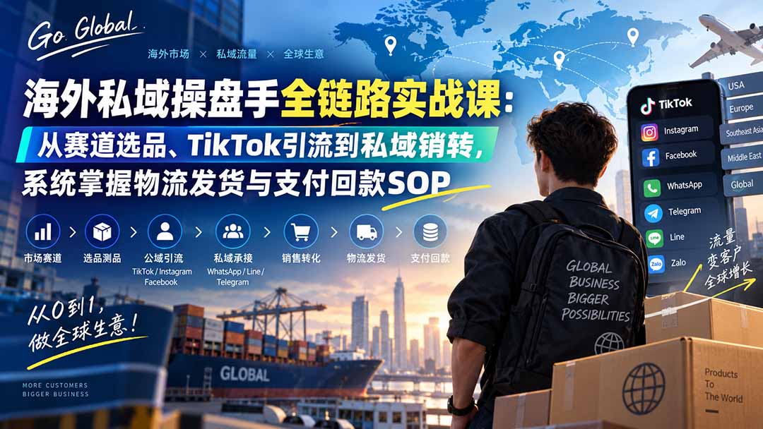 海外私域操盘手全链路实战课：从赛道选品、TikTok引流到私域销转，系统掌握物流发货与支付回款SOP-只做优质可落地项目