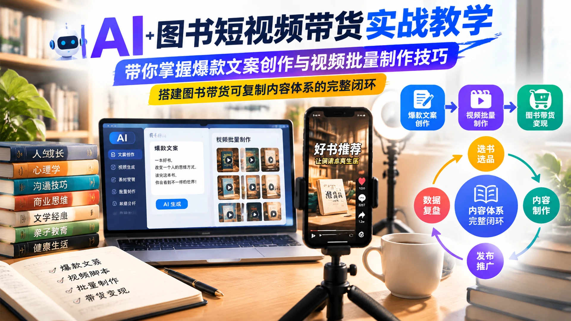 【精】AI图书短视频带货实战教学，带你掌握爆款文案创作与视频批量制作技巧，搭建图书带货可复制内容体系的完整闭环-只做优质可落地项目