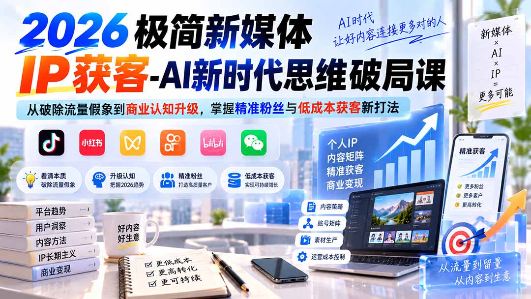 2026极简新媒体IP获客-AI新时代思维破局课：从破除流量假象到商业认知升级，掌握精准粉丝与低成本获客新打法-只做优质可落地项目