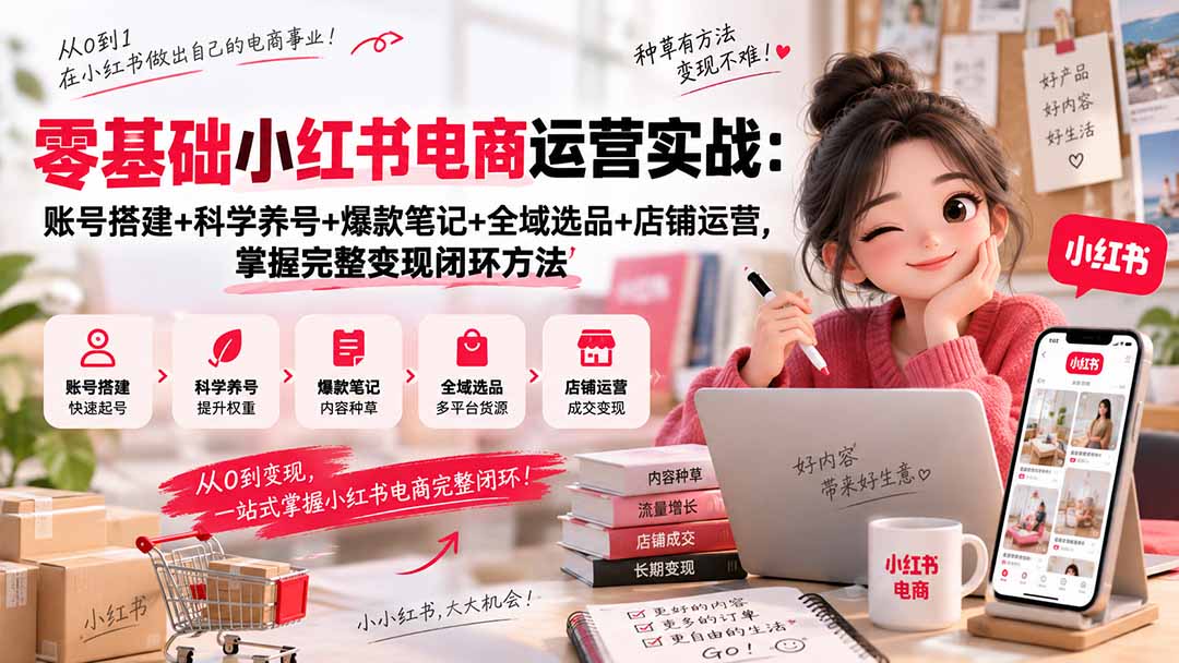 零基础小红书电商运营实战：账号搭建+科学养号+爆款笔记+全域选品+店铺运营，掌握完整变现闭环方法-只做优质可落地项目