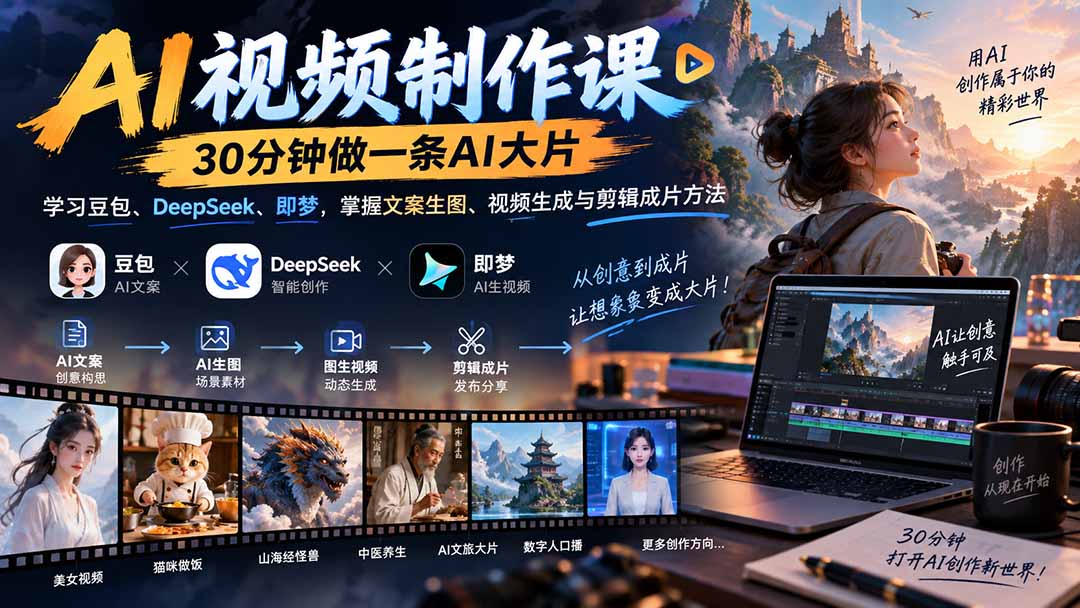 AI视频制作课-30分钟做一条AI大片：学习豆包、DeepSeek、即梦，掌握文案生图、视频生成与剪辑成片方法-只做优质可落地项目