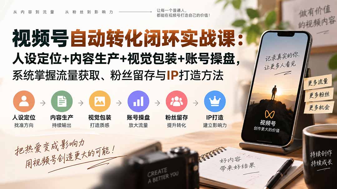 视频号自动转化闭环实战课：人设定位+内容生产+视觉包装+账号操盘，系统掌握流量获取、粉丝留存与IP打造方法-只做优质可落地项目
