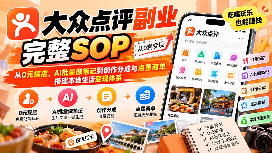 【无水印】大众点评副业完整SOP：从0元探店、AI批量做笔记到创作分成与点星商单，搭建本地生活变现体系-只做优质可落地项目