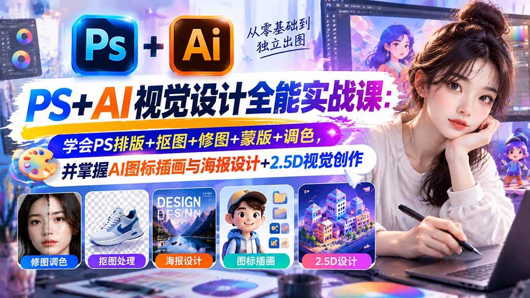 (20749期)【无水印】PS+AI视觉设计全能实战课:学会PS排版+抠图+修图+蒙版+调色,并掌握AI图标插画与海报设计+2.5D视觉创作-只做优质可落地项目