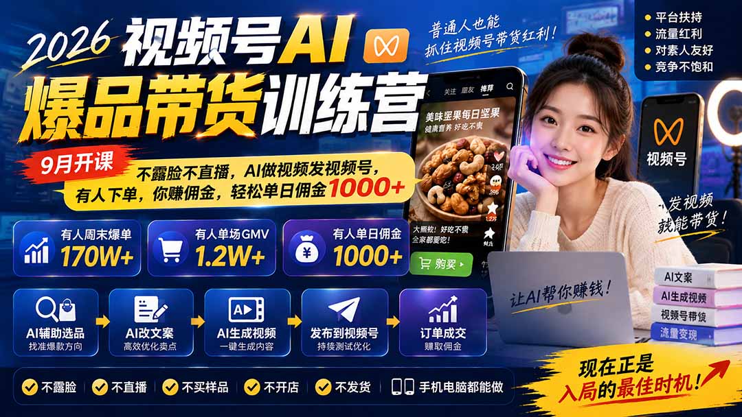 图片[1]-2026视频号AI爆品带货训练营-9月开课｜不露脸不直播，AI做视频发视频号，有人下单，你赚佣金，轻松单日佣金1000+-只做优质可落地项目