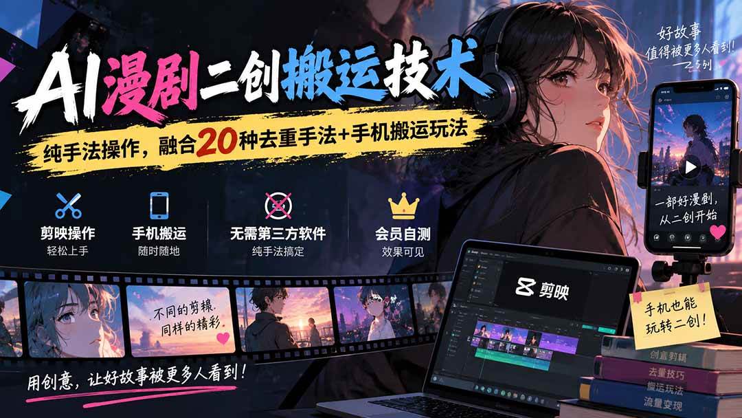 （20551期）AI漫剧二创搬运技术，纯手法操作，融合20种去重手法++手机搬运玩法-只做优质可落地项目