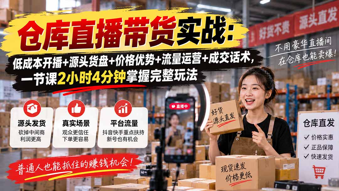 仓库直播带货实战：低成本开播+源头货盘+价格优势+流量运营+成交话术，一节课2小时4分钟掌握完整玩法-只做优质可落地项目