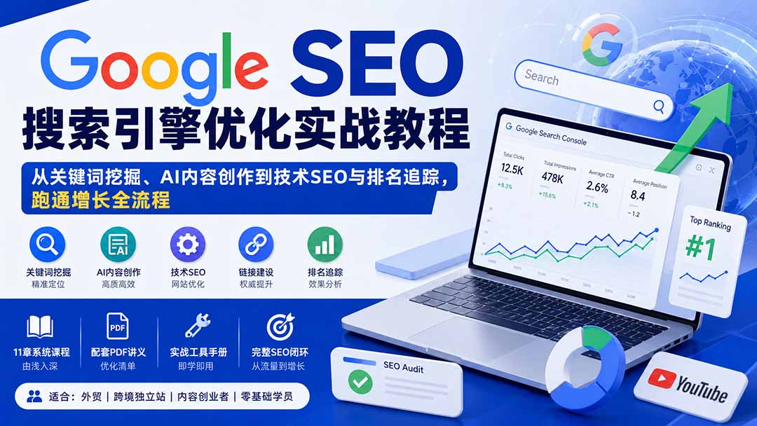 Google SEO搜索引擎优化实战教程：从关键词挖掘、AI内容创作到技术SEO与排名追踪，跑通增长全流程-只做优质可落地项目