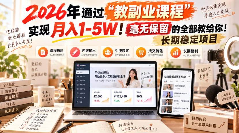 （20468期）2026年通过“教副业课程”实现月入1-5W！毫无保留的全部教给你！长期稳定项目-只做优质可落地项目