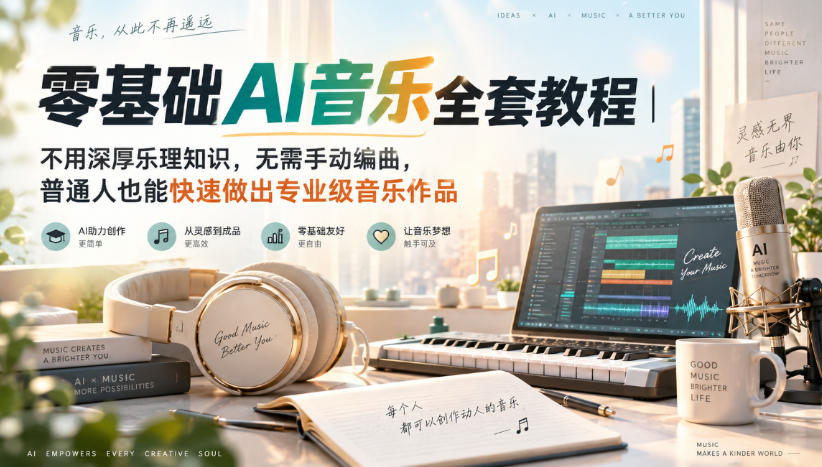 【精】零基础AI音乐全套教程|不用深厚乐理知识,无需手动编曲,普通人也能快速做出专业级音乐作品-只做优质可落地项目