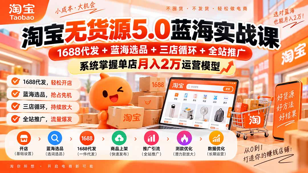 淘宝无货源5.0蓝海实战课-更新：1688代发+蓝海选品+三店循环+全站推广，系统掌握单店月入2万运营模型-只做优质可落地项目