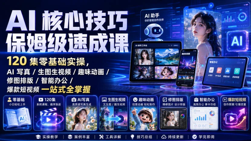 【精】AI核心技巧保姆级速成课|120集零基础实操,AI写真/生图生视频/趣味动画/修图排版/智能办公/爆款短视频一站式全掌握(更新)-只做优质可落地项目