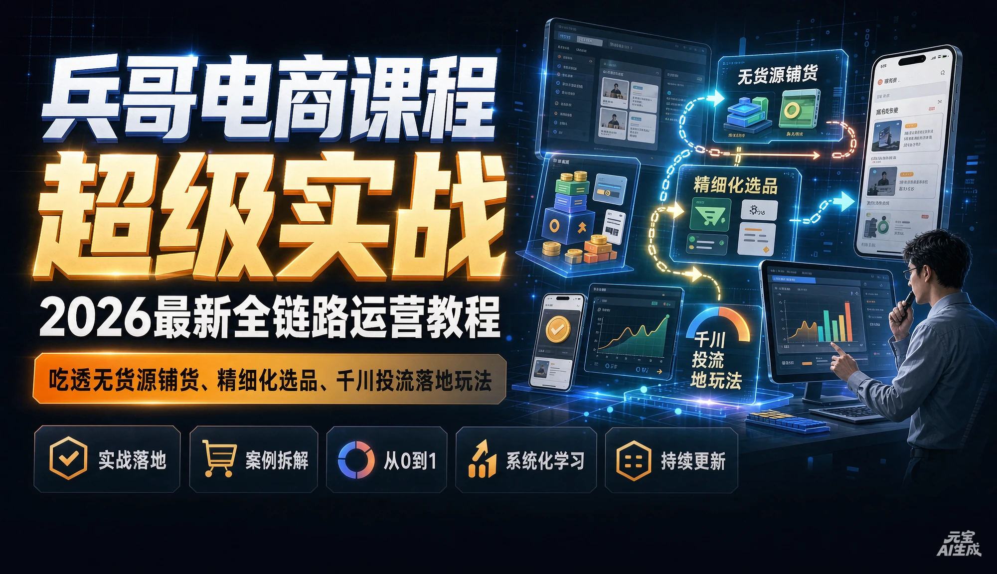 【精】兵哥电商课程超级实战,2026最新全链路运营教程,吃透无货源铺货、精细化选品、千川投流落地玩法-只做优质可落地项目
