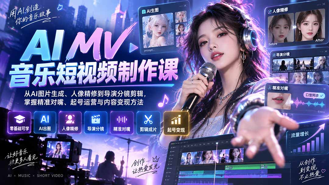 AI MV音乐短视频制作课：从AI图片生成、人像精修到导演分镜剪辑，掌握精准对嘴、起号运营与内容变现方法-只做优质可落地项目
