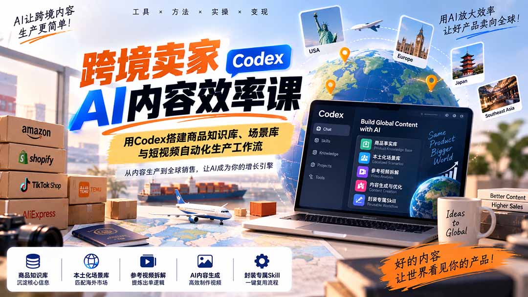 跨境卖家AI内容效率课：用Codex搭建商品知识库、场景库与短视频自动化生产工作流-只做优质可落地项目