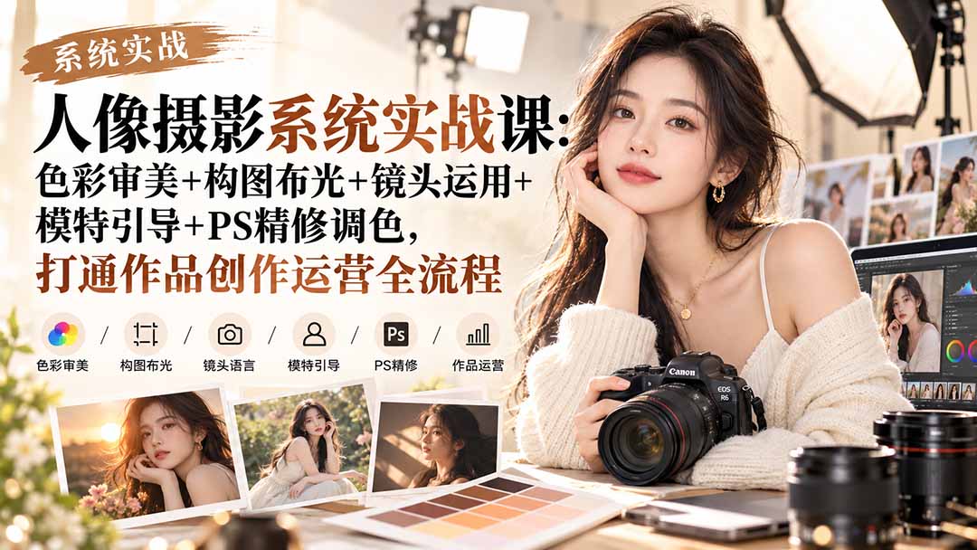 【无水印】人像摄影系统实战课：色彩审美+构图布光+镜头运用+模特引导+PS精修调色，打通作品创作运营全流程-只做优质可落地项目