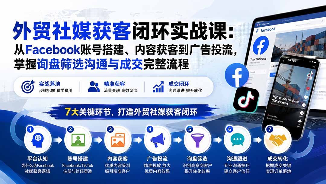 外贸社媒获客闭环实战课:从Facebook账号搭建、内容获客到广告投流,掌握询盘筛选沟通与成交完整流程-只做优质可落地项目