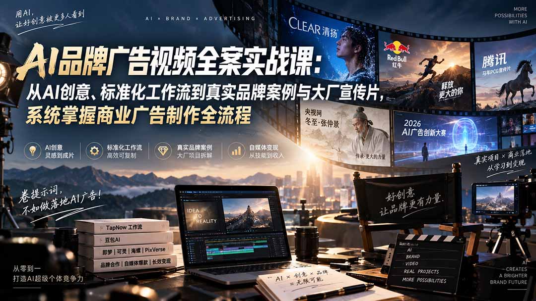 AI品牌广告视频全案实战课：从AI创意、标准化工作流到真实品牌案例与大厂宣传片，系统掌握商业广告制作全流程-只做优质可落地项目
