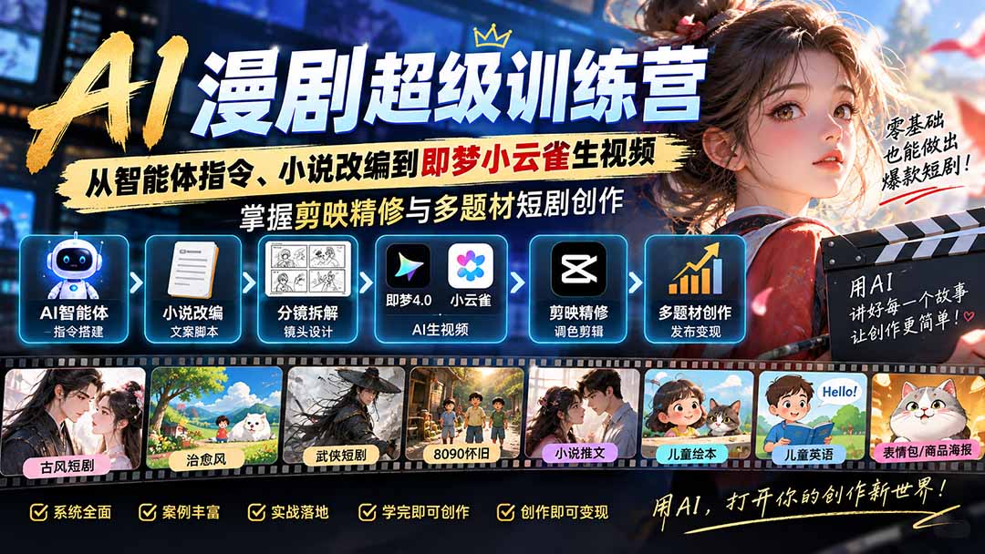 AI漫剧超级特训营：从智能体指令、小说改编到即梦小云雀生视频，掌握剪映精修与多题材短剧创作-只做优质可落地项目