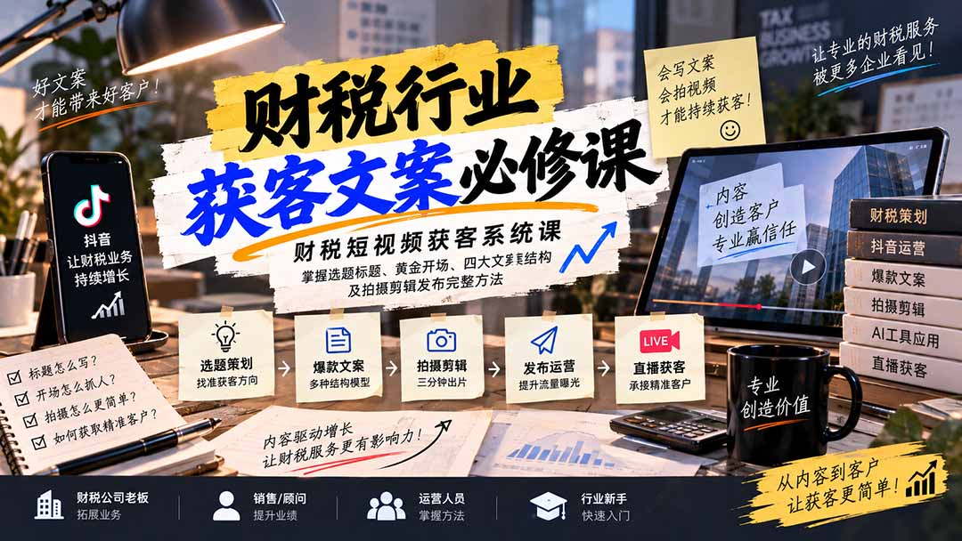 财税短视频获客系统课：掌握选题标题、黄金开场、四大文案结构及拍摄剪辑发布完整方法-只做优质可落地项目