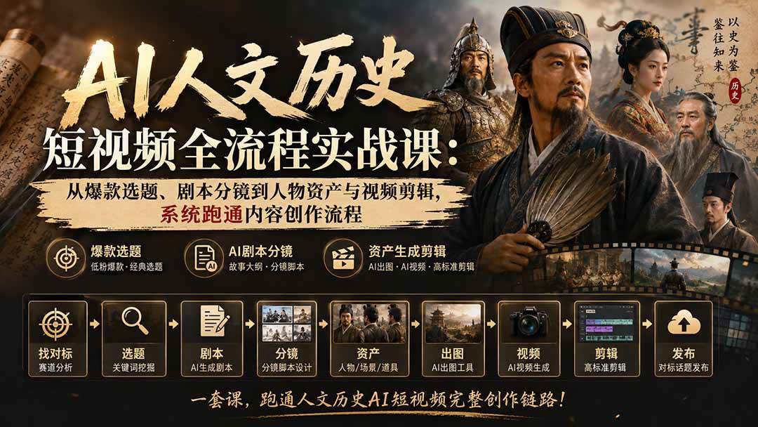 【精】AI人文历史短视频全流程实战课:从爆款选题、剧本分镜到人物资产与视频剪辑,系统跑通内容创作流程-只做优质可落地项目