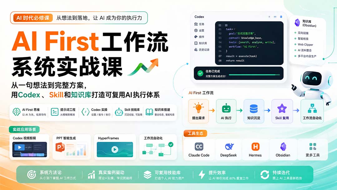 AI First工作流系统实战课：从一句想法到完整方案，用Codex、Skill和知识库打造可复用AI执行体系-只做优质可落地项目