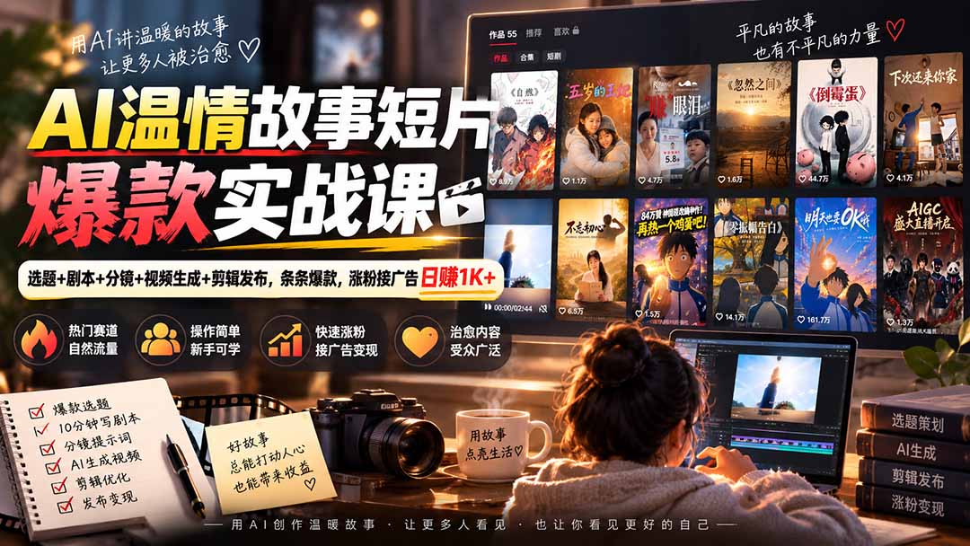 AI温情故事短片爆款实战课-更新｜选题+剧本+分镜+视频生成+剪辑发布，条条爆款，涨粉接广告日赚1K+-只做优质可落地项目