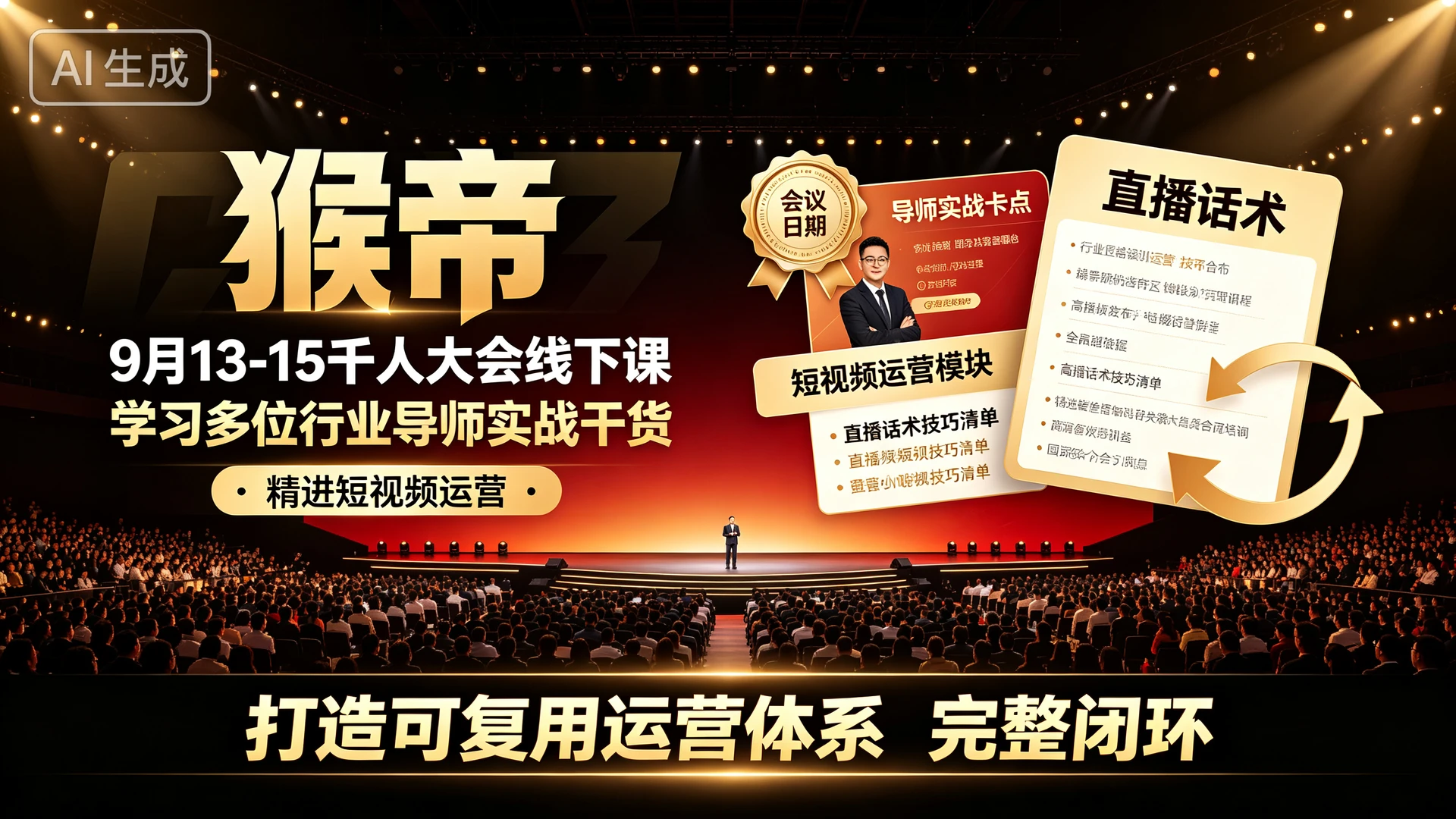 【精】猴帝9月13-15千人大会线下课,带你学习多位行业导师实战干货,精进短视频运营与直播话术打造可复用运营体系的完整闭环-只做优质可落地项目