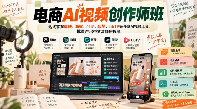 【精】电商AI视频创作师班,一站式掌握剪映、海螺、可灵、即梦、LibTV等多款AI视频工具,批量产出带货营销短视频-只做优质可落地项目