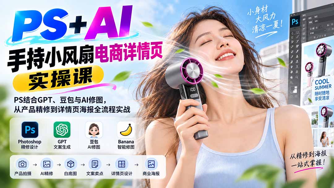 PS+AI手持小风扇电商详情页实操课：PS结合GPT、豆包与AI修图，从产品精修到详情页海报全流程实战-只做优质可落地项目