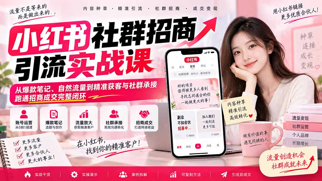 小红书社群招商引流实战课-无水印：从爆款笔记、自然流量到精准获客与社群承接，跑通招商成交完整闭环-只做优质可落地项目
