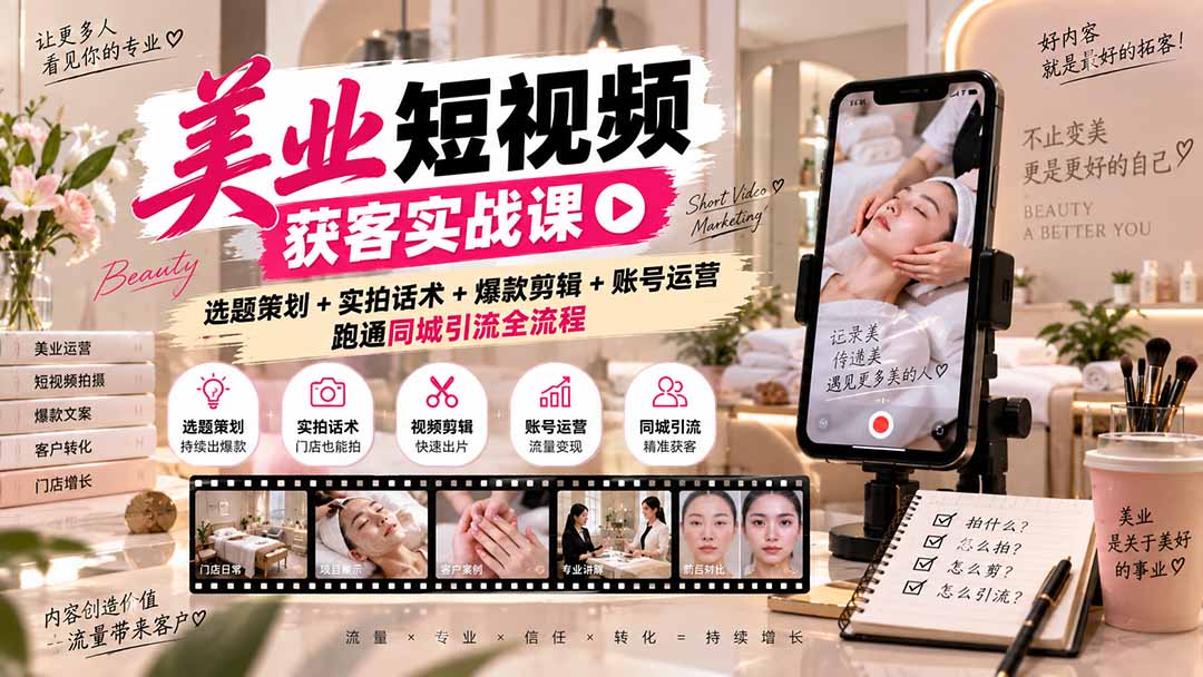 美业短视频获客实战课-无水印：选题策划+实拍话术+爆款剪辑+账号运营，跑通同城引流全流程-只做优质可落地项目