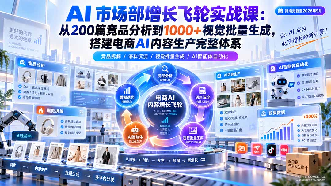 AI 市场部增长飞轮实战课：从200篇竞品分析到1000+视觉批量生成，搭建电商AI内容生产完整体系-只做优质可落地项目