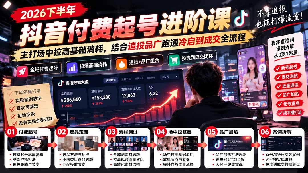 2026下半年抖音付费起号进阶课：主打场中拉高基础消耗，结合追投品广跑通冷启到成交全流程-只做优质可落地项目