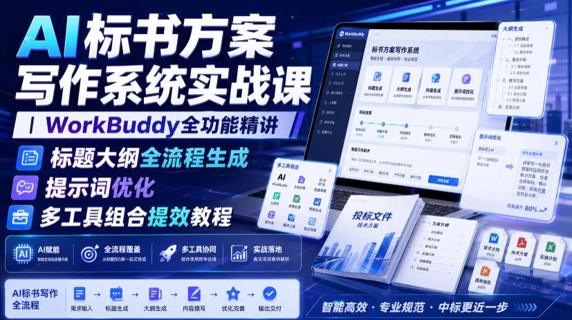 【精】AI标书方案写作系统实战课|WorkBuddy全功能精讲・标题大纲全流程生成・提示词优化・多工具组合提效教程-只做优质可落地项目