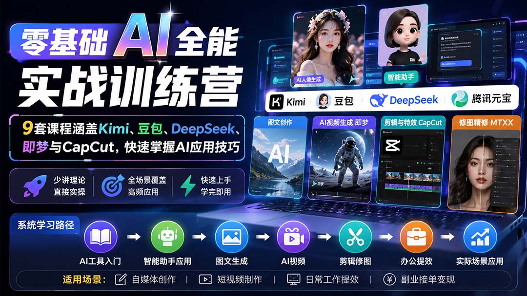 零基础AI全能实战训练营：9套课程涵盖Kimi、豆包、DeepSeek、即梦与CapCut，快速掌握AI应用技巧-只做优质可落地项目